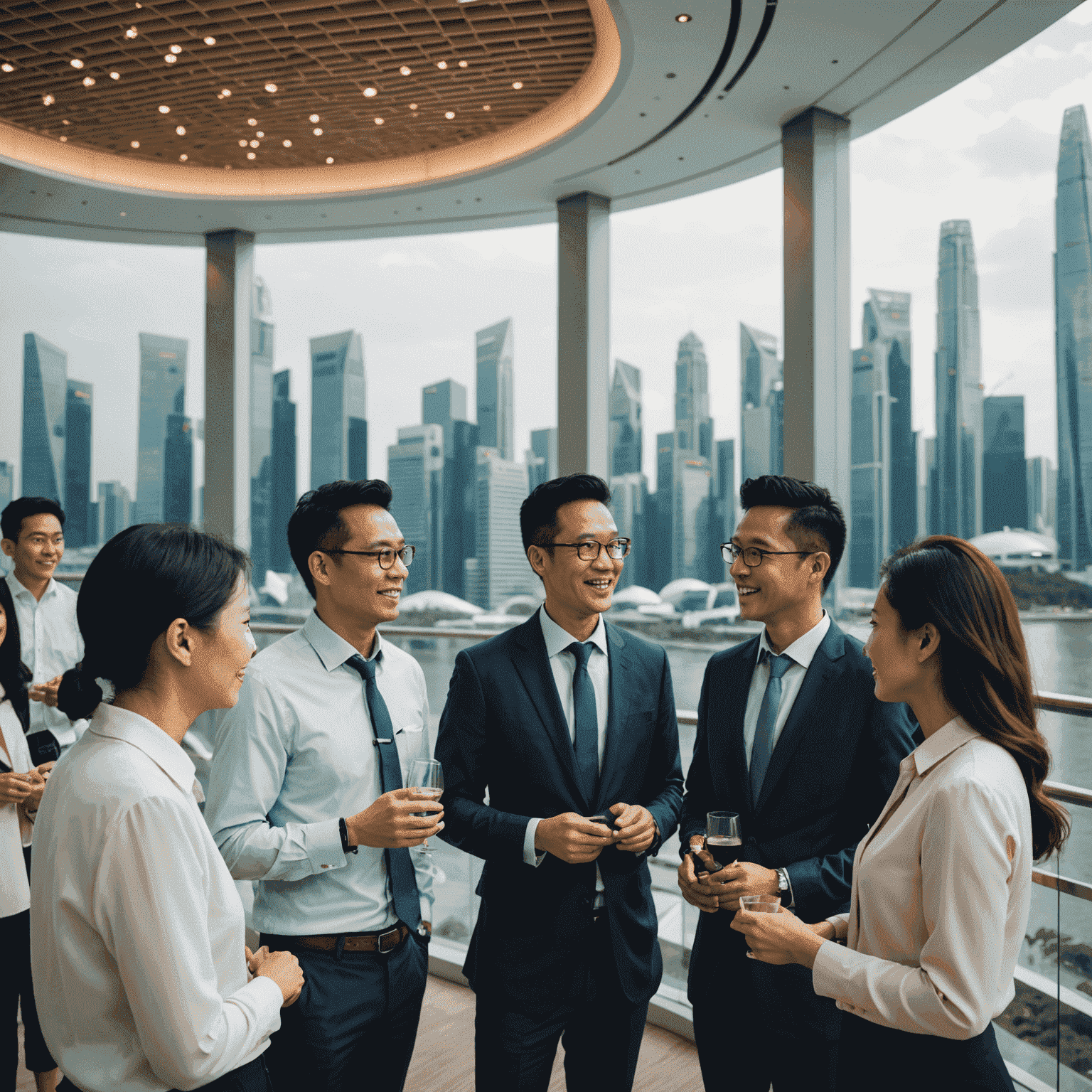 A group of diverse business professionals engaged in animated conversation at a networking event in Singapore, with the iconic Marina Bay Sands skyline visible through large windows