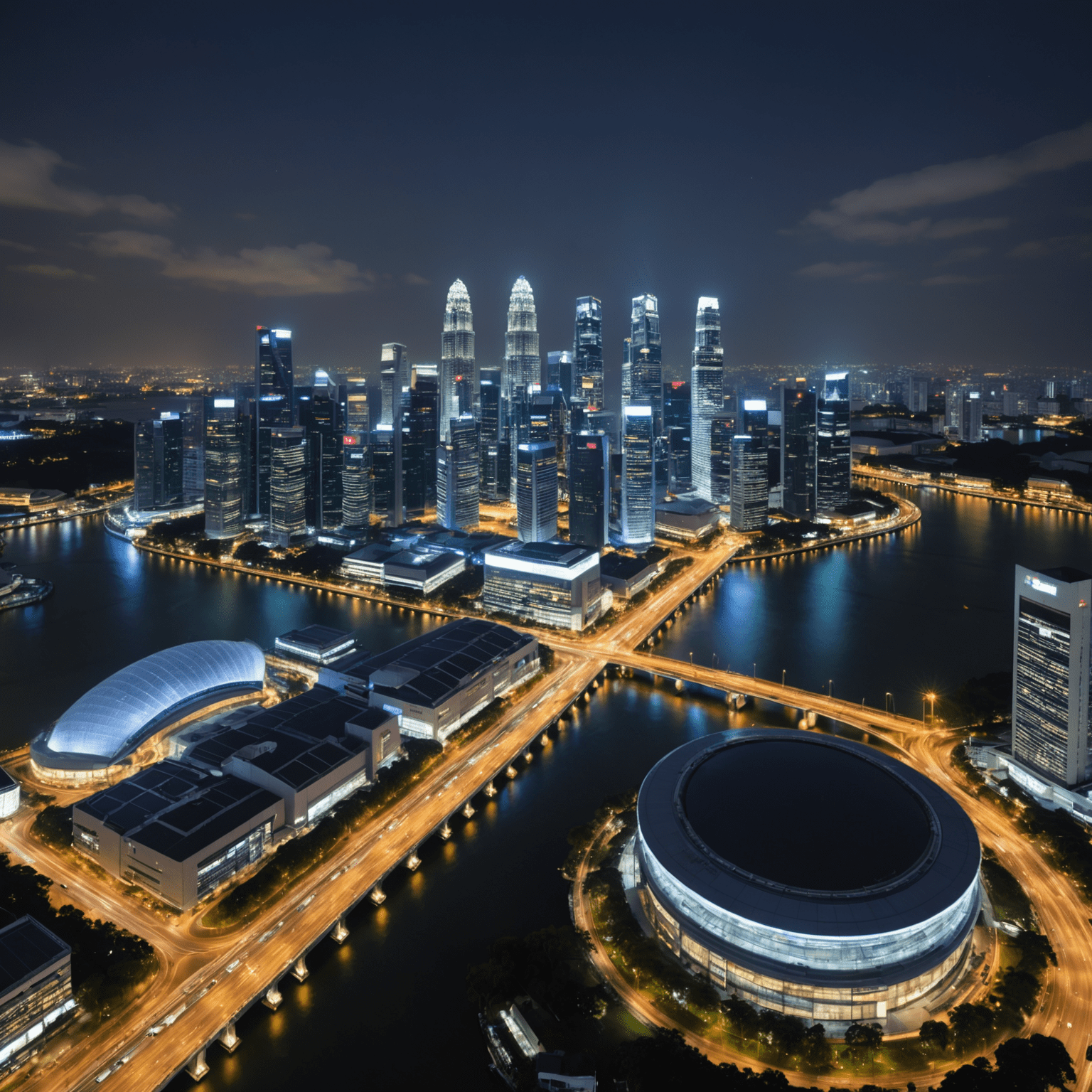 A panoramic view of Singapore's business district at night, showcasing the modern skyline and bustling energy of the city, symbolizing the vibrant networking opportunities available