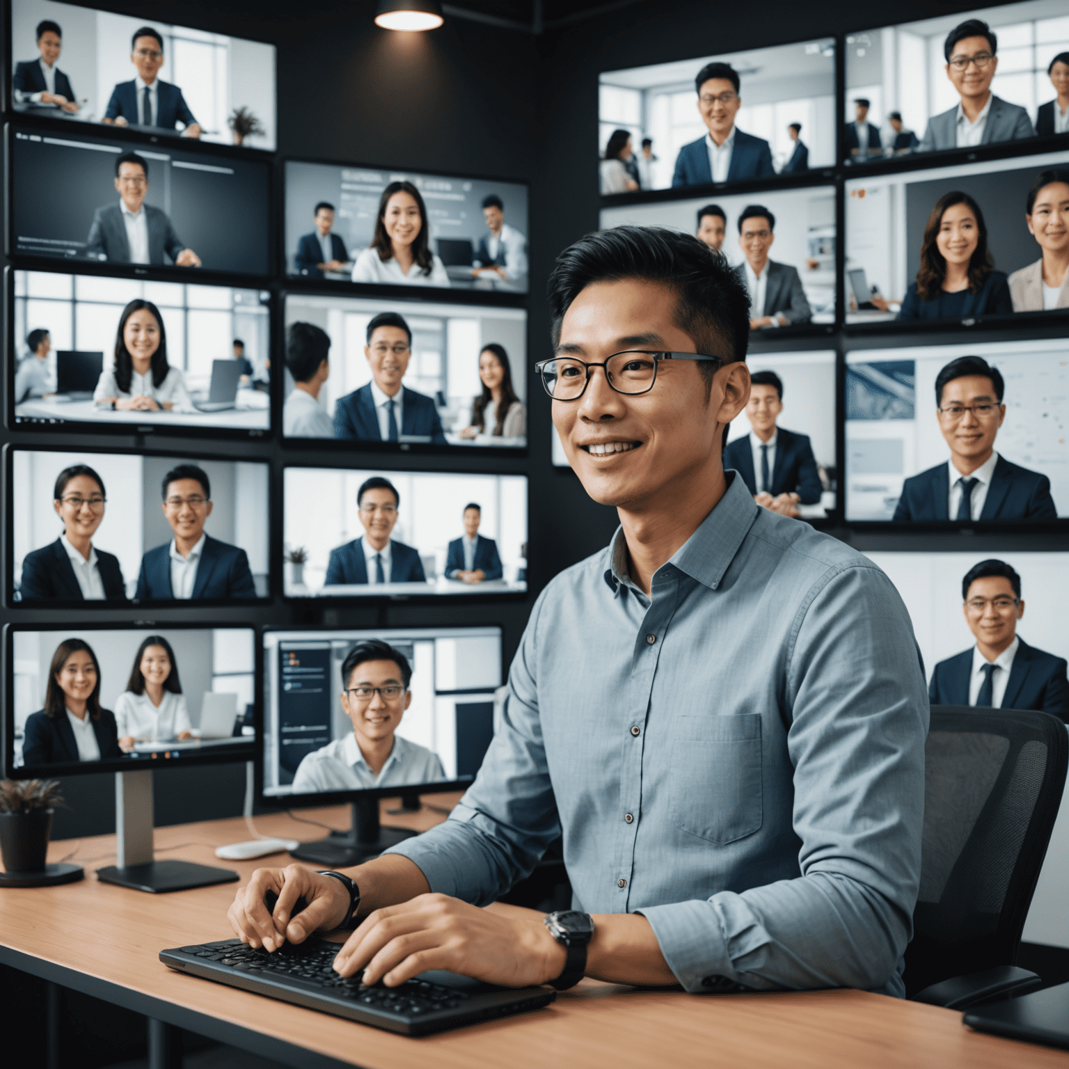 A Singaporean entrepreneur participating in a virtual networking session, with multiple screens showing diverse international participants